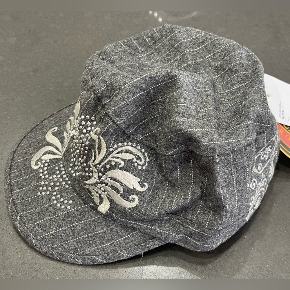 Gray Pinstripe w/Silver & Rhinestone Bling!! SCALA PRONTO LADIES HAT. Adj Back.